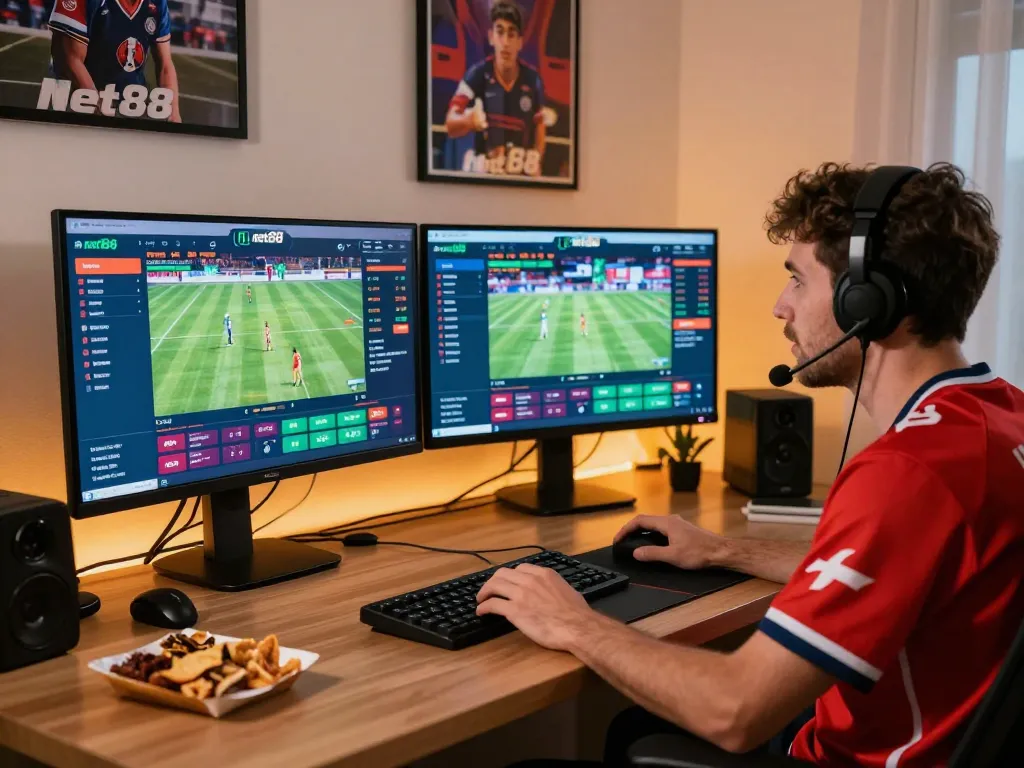 Engaging in net88 sports betting at home, with multiple screens displaying live odds and favorite events.