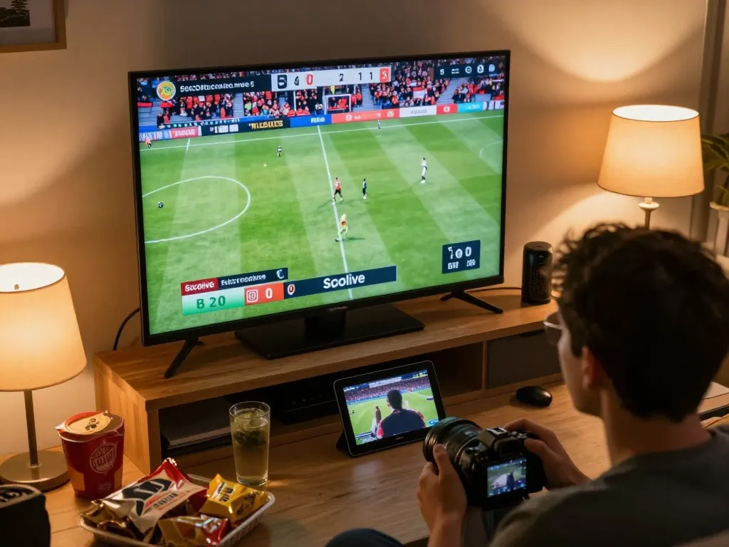 Socolive user enjoying a live football streaming experience with snacks and drinks.