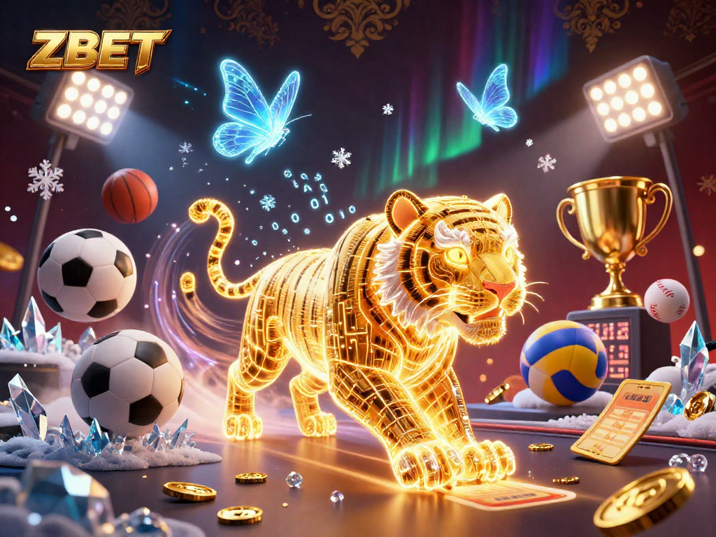 ZBET showcases an electrifying digital casino with a golden light energy tiger and dynamic sports elements.