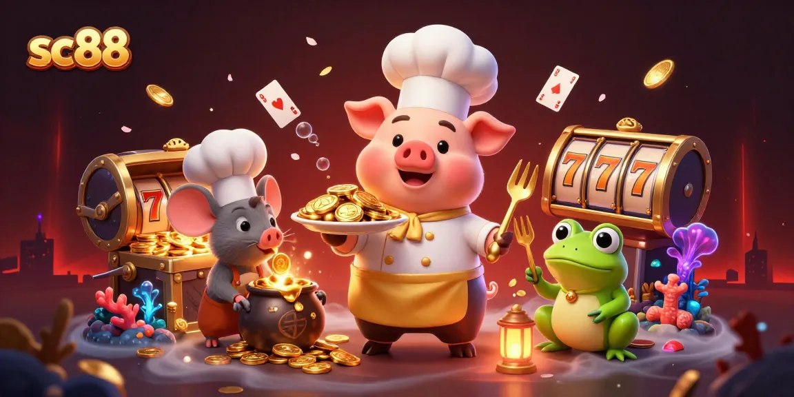 SC88 casino illustration with chef pig and gaming elements showcasing jackpots and golden coins.