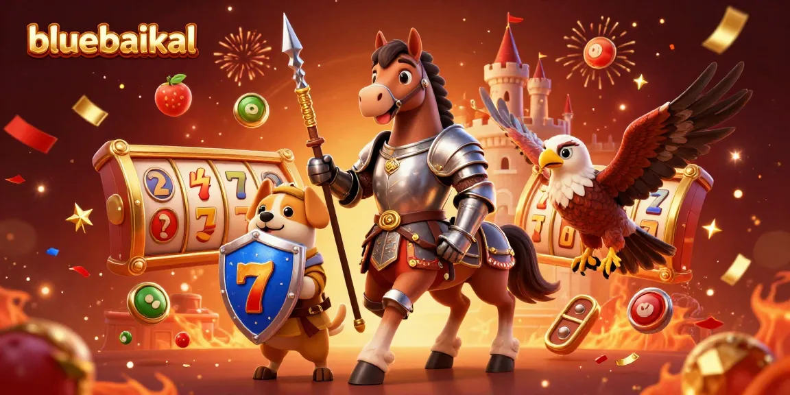 Engage with the thrilling bluebaikal casino atmosphere featuring a knight, squire, and falcon amidst slot reels and festive elements.