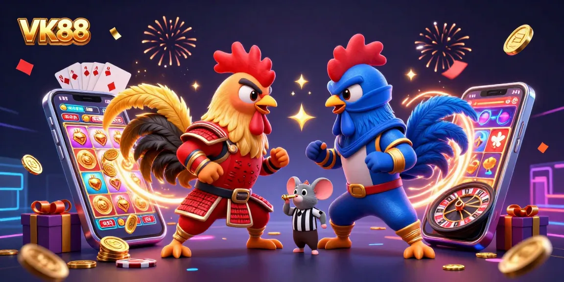 Engage in thrilling VK88 gameplay with vibrant roosters in a dynamic casino standoff.