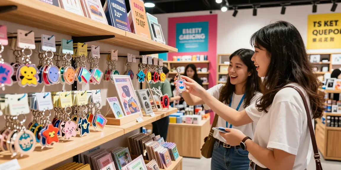 Explore vibrant custom keychains displayed in a retail setting, highlighting unique designs and shopping experience.