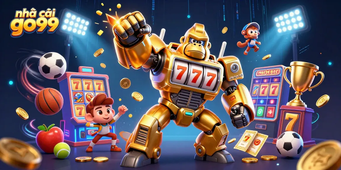 Experience the excitement of nhà cái go99 with an explosive golden gorilla mech in a vibrant casino scene.