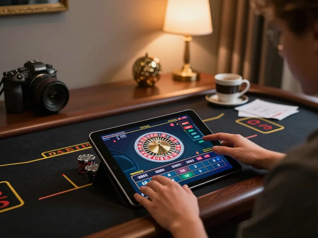 Player strategizing on Vin88 tablet for live dealer roulette game in cozy home setting