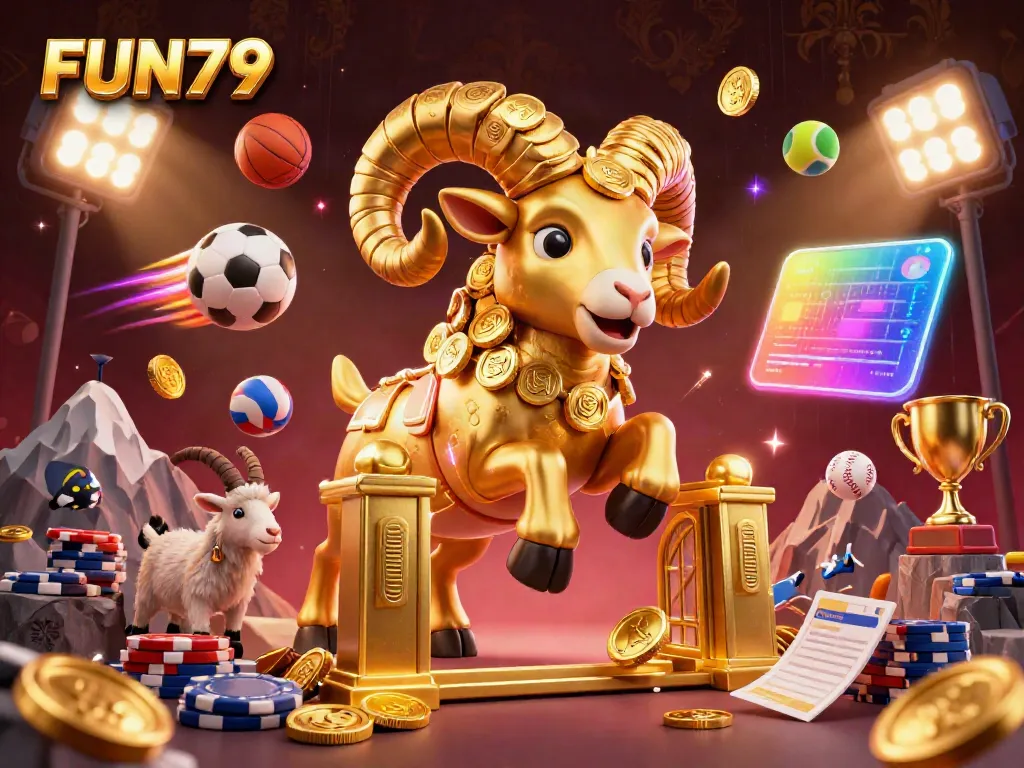 Experience FUN79's vibrant gaming world with a golden ram charging through a casino scene packed with excitement.