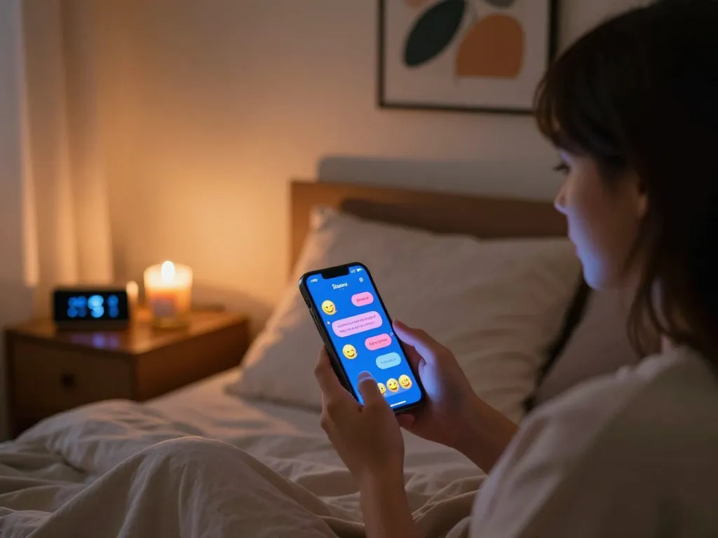Engaging sexting AI interaction on a smartphone in an intimate bedroom setting.