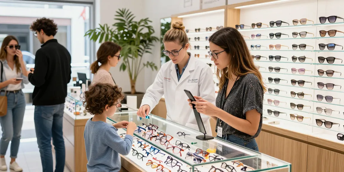 Ótica online: Clientes experimentando óculos e sendo atendidos por especialista em ambiente moderno e convidativo.
