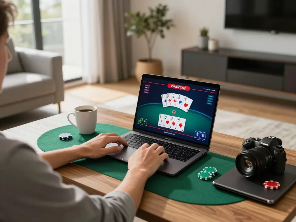 Player engaging in online poker at home, showcasing f1688 gaming interface for strategic decisions.