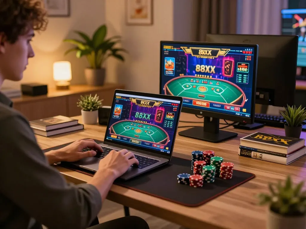 Player engaging in 88xx online casino gaming on laptop with vibrant graphics.