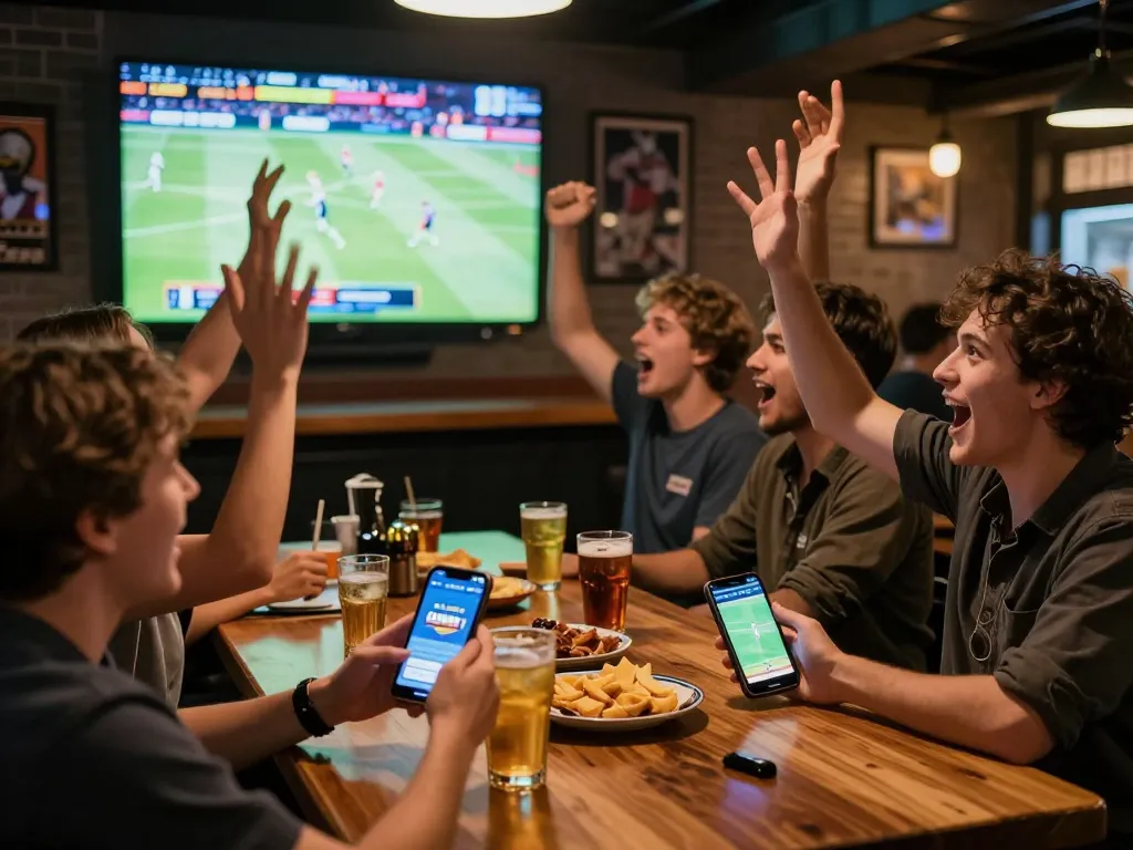 DABET enhances sports betting excitement with friends celebrating a game in vibrant bar atmosphere.