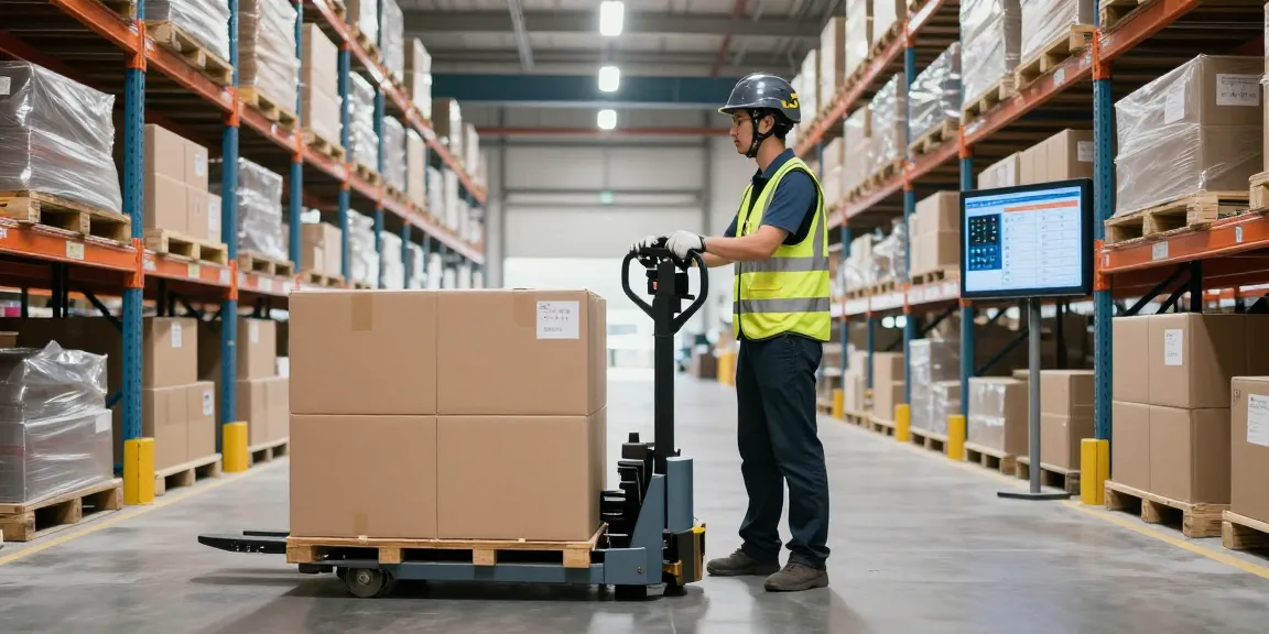 Electric pallet jack in use by operator in busy warehouse, demonstrating efficiency and safety in material handling.