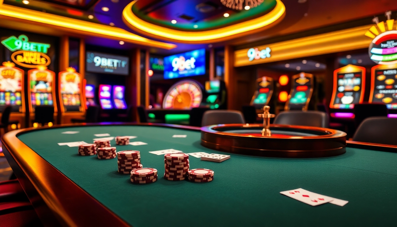 Exciting poker game setup at 9BET casino highlighting chips, cards, and roulette wheel.