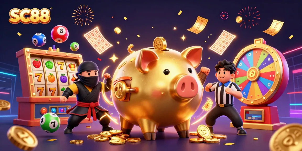 Experience the excitement of SC88 with a dynamic 3D casino illustration showcasing a golden piggy bank sumo wrestler amidst vibrant gaming elements.