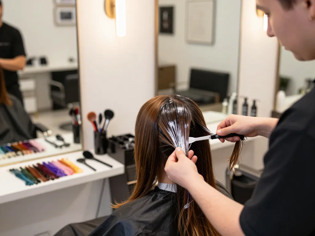 Parrucchiere che applica la tintura colore capelli parrucchiere a un cliente in un salone moderno.