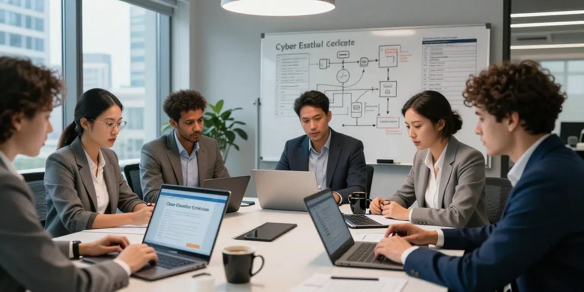 Team of IT specialists discussing cyber essentials certification compliance in modern office.