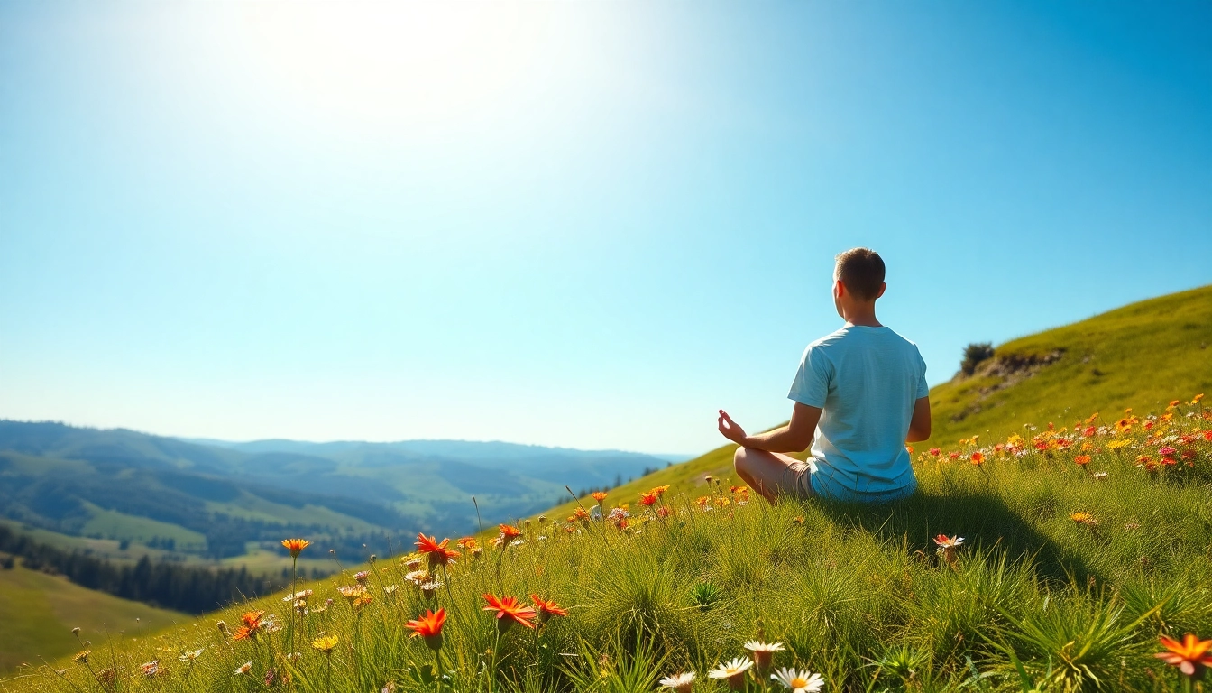 Promote mental wellness through a serene meditation scene in nature, highlighting tranquility.