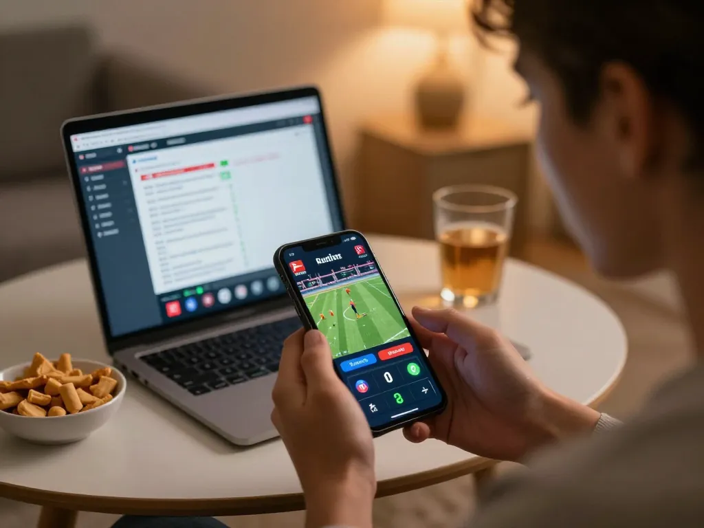 Engaging in live Bundesliga sports betting on go8 with smartphone showing up-to-date odds in cozy setting.
