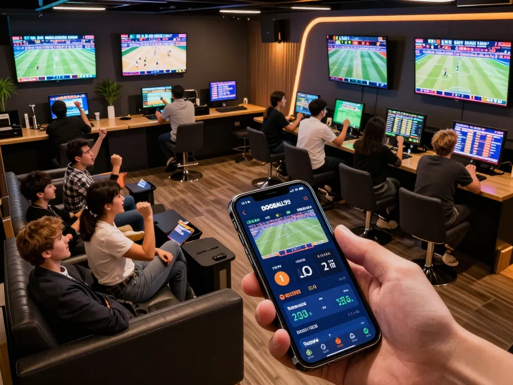 Fans engaging with the DOOBALL99 betting app in a lively sports betting lounge atmosphere