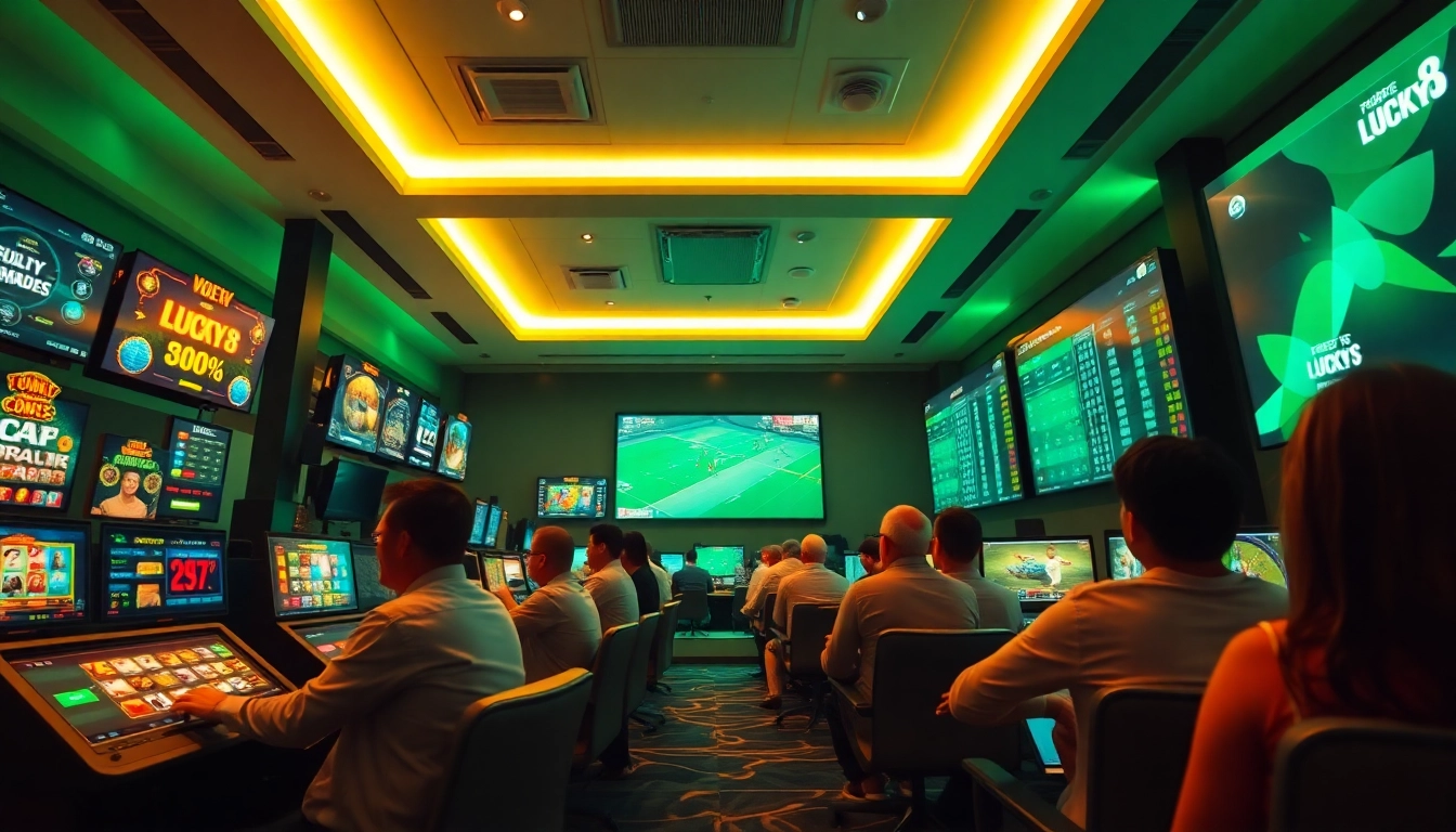 LUCKY8 showcases a modern digital gaming environment with players enjoying slots and sports betting.