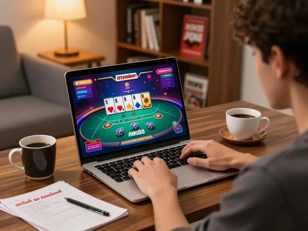 Engaging with khuyến mãi mm88 promotions while playing online poker at home showcases a dedicated gaming atmosphere.