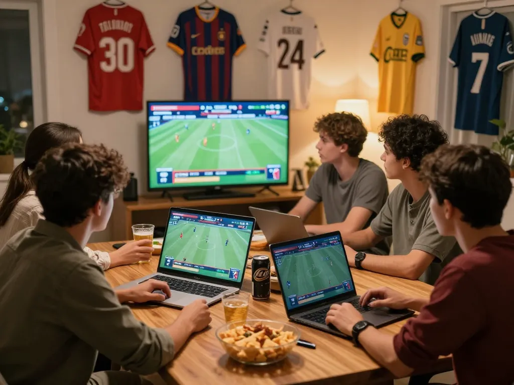 Friends engaging in LODE88 sports betting strategies at home with multiple screens.