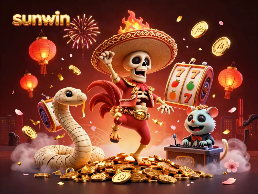 Experience the excitement of Sunwin with a vibrant 3D casino scene featuring a skeleton mariachi and treasures.