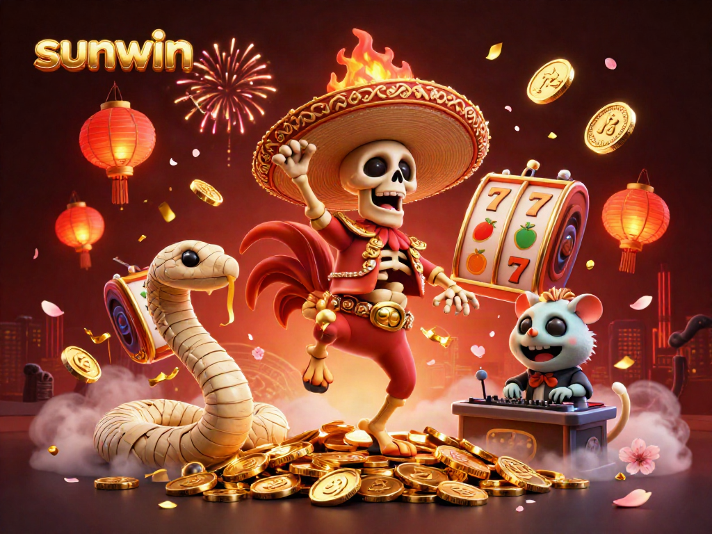 Experience the excitement of Sunwin with a vibrant 3D casino scene featuring a skeleton mariachi and treasures.
