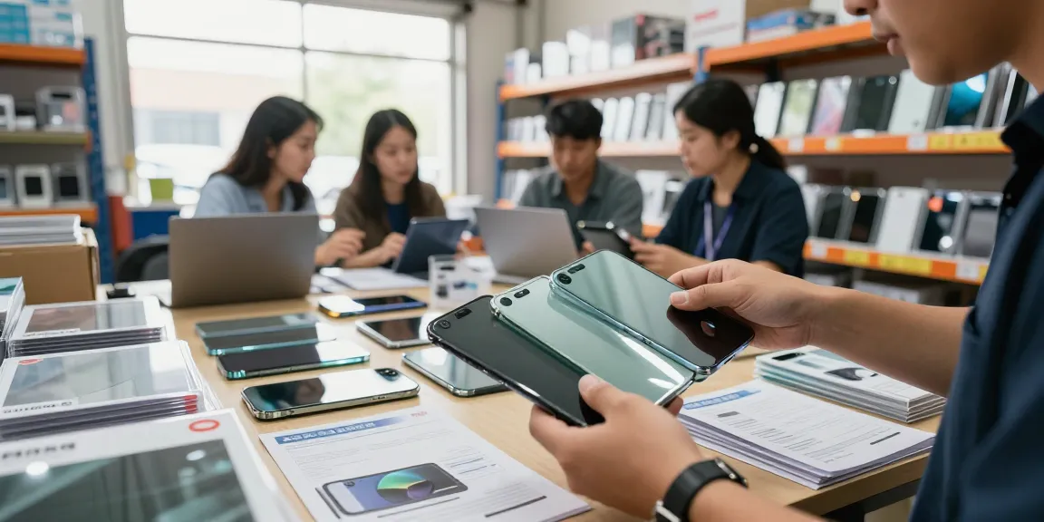 Mobile Tempered Glass Wholesale products being reviewed in a vibrant warehouse.