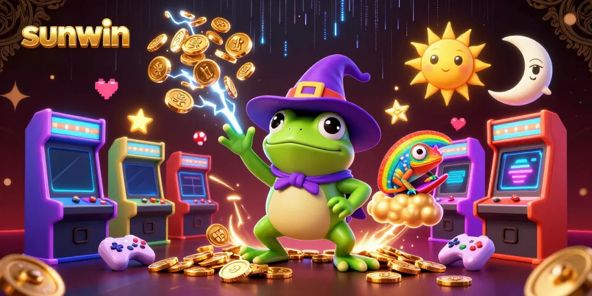 Experience the excitement of sunwin with a whimsical 3D scene featuring a wizard frog and chameleon among gold coins.