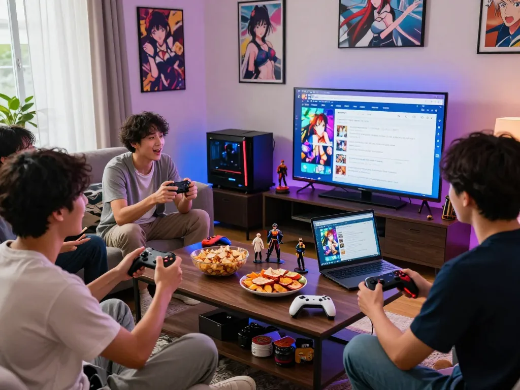 Group of friends enjoying hentai games in a vibrant living room setting, highlighting gaming culture.
