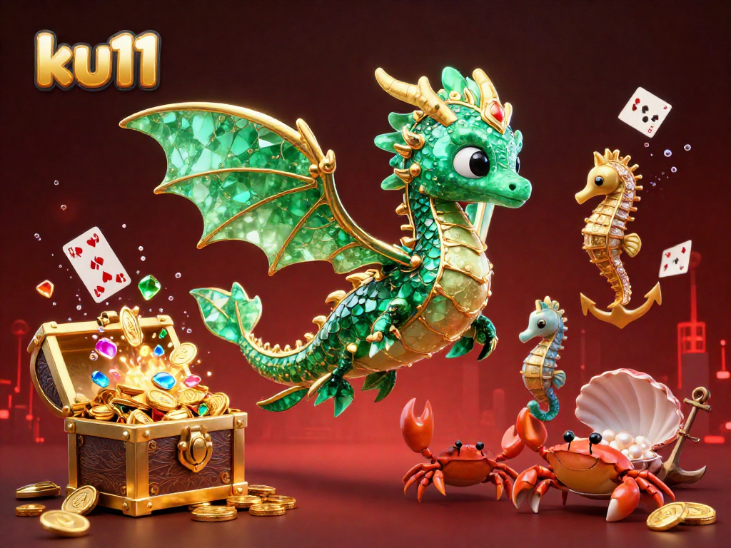 Experience the magical world of ku11 with the emerald sea dragon and treasure chest in a vibrant casino-themed underwater scene.