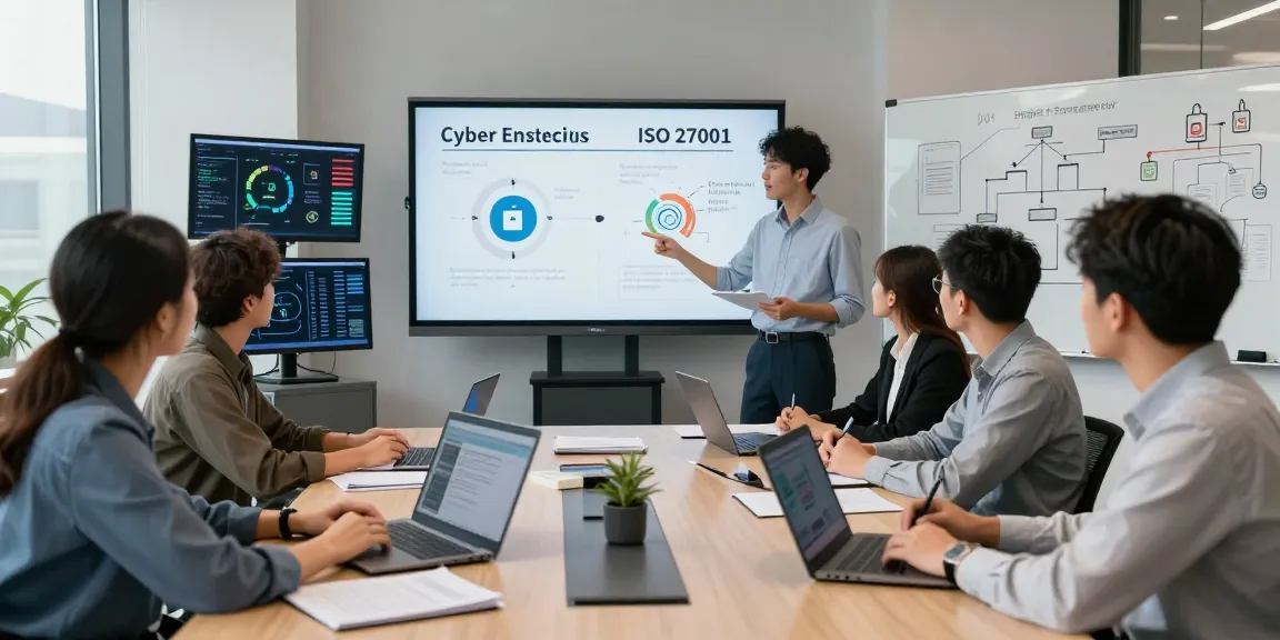 Cyber Essentials vs ISO 27001 comparison in a modern cybersecurity office environment with an engaged IT team.
