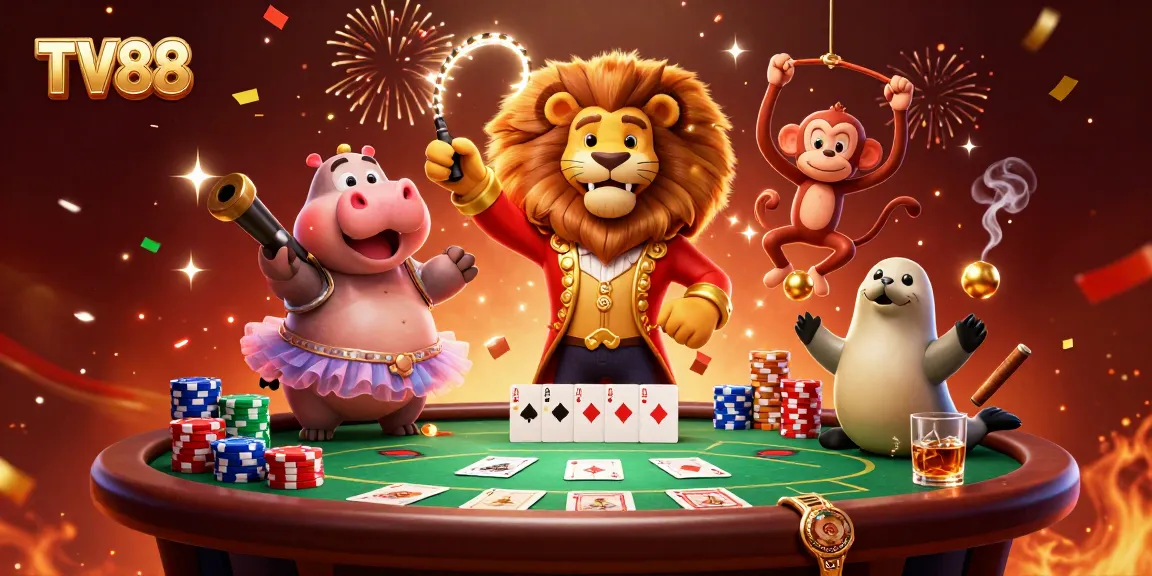 Experience thrilling poker action with TV88's vibrant casino scene featuring animated circus characters.