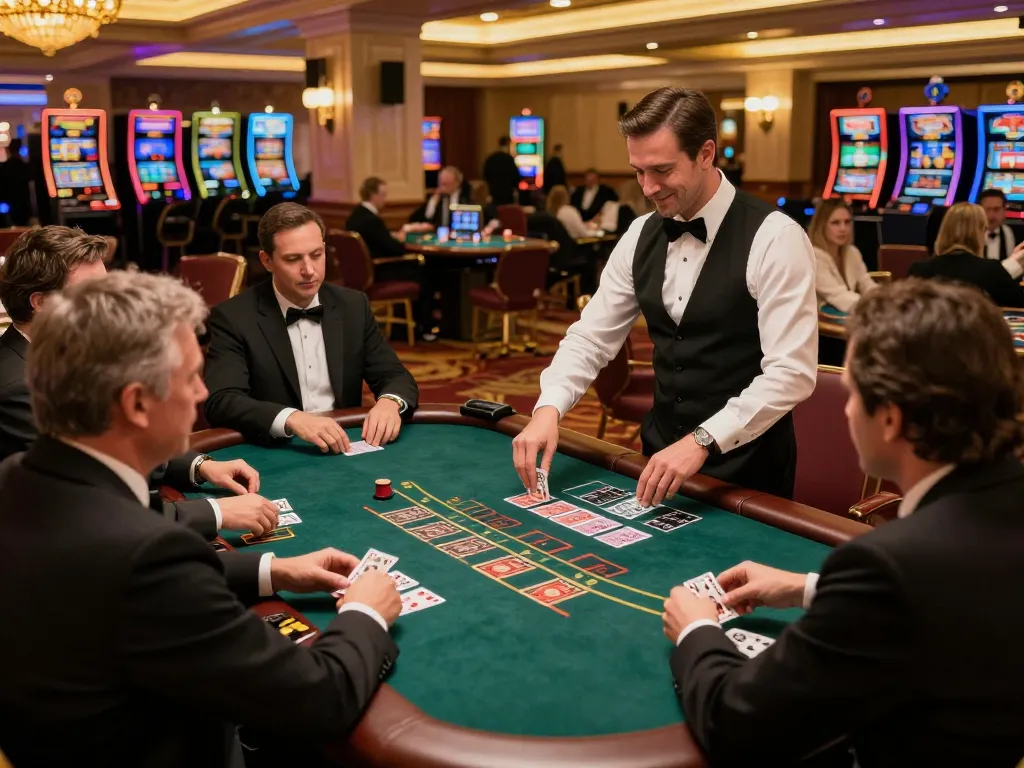 Engaged players at HITCLUB blackjack table amid vibrant casino atmosphere