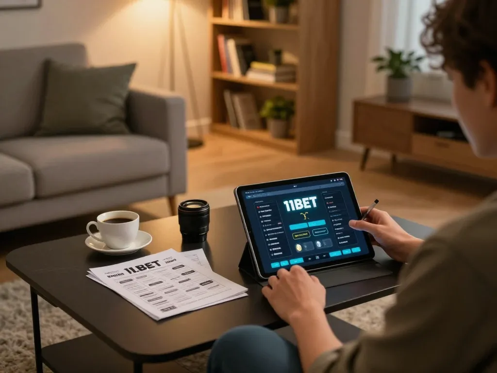 Player engaging with the 11BET app on a tablet in a cozy home setting, showcasing responsible gambling.