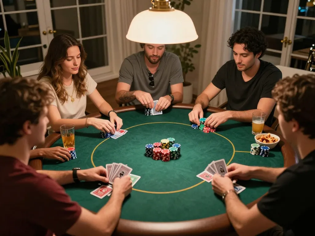 Group enjoying a friendly poker game at home, showcasing Nhà cái uy tín principles in action.