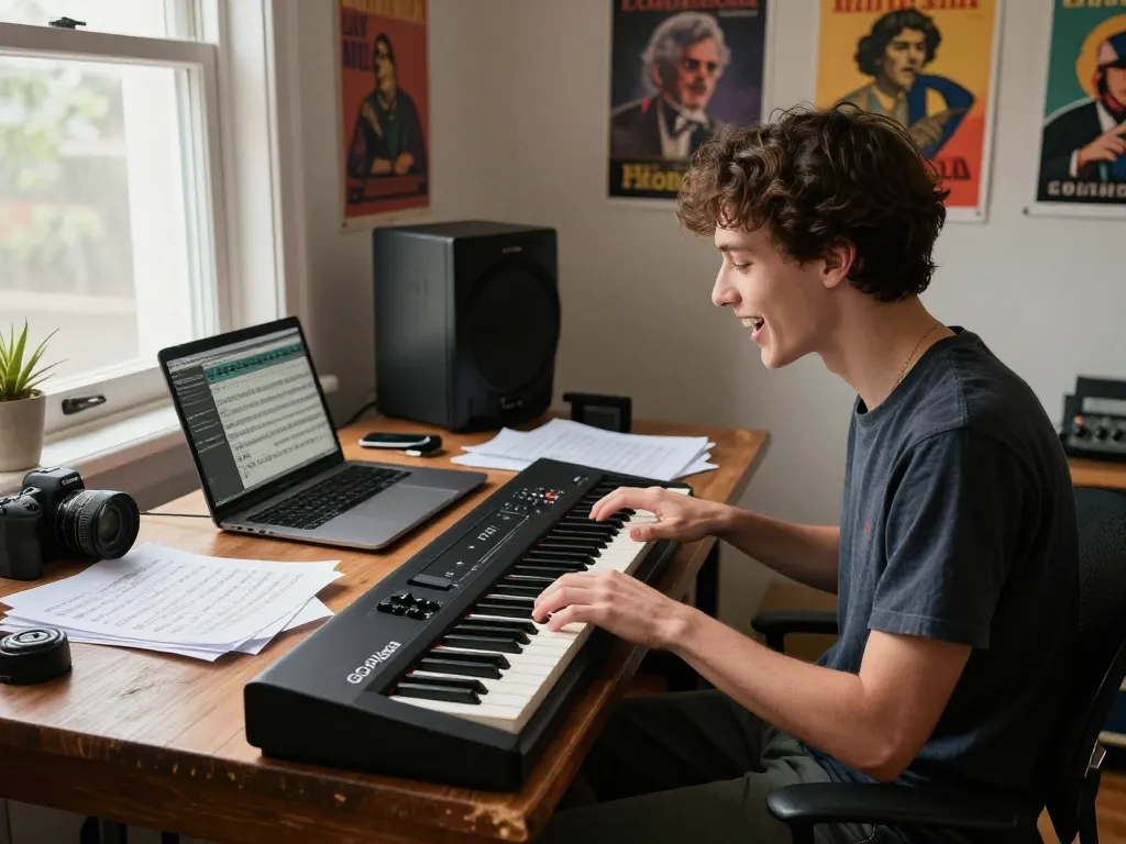 Young musician joyfully playing the go 88 piano in a cozy home studio.