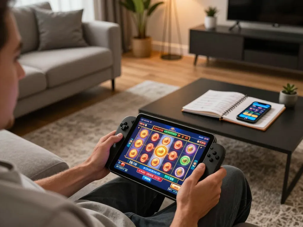Player accessing online casino games via the link xo88 on a tablet in a stylish home setting.