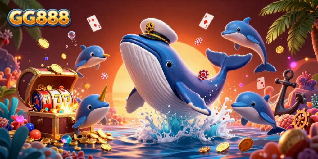Experience the thrill of GG888 with a playful underwater scene featuring a whale, narwhal, and dolphins amidst vibrant casino elements.