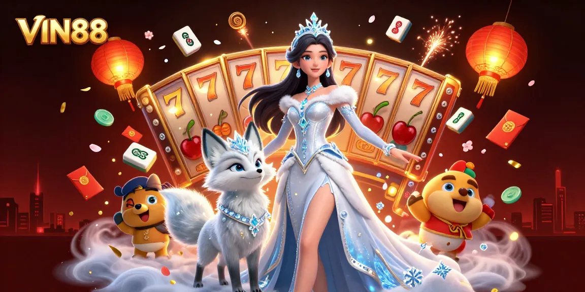 Experience the thrill of VIN88 with dynamic slot reels, sparkling coins, and an enchanting ice queen.
