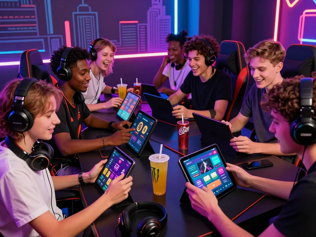 Exciting gamers enjoying the Onbet app in a vibrant, modern gaming setup.