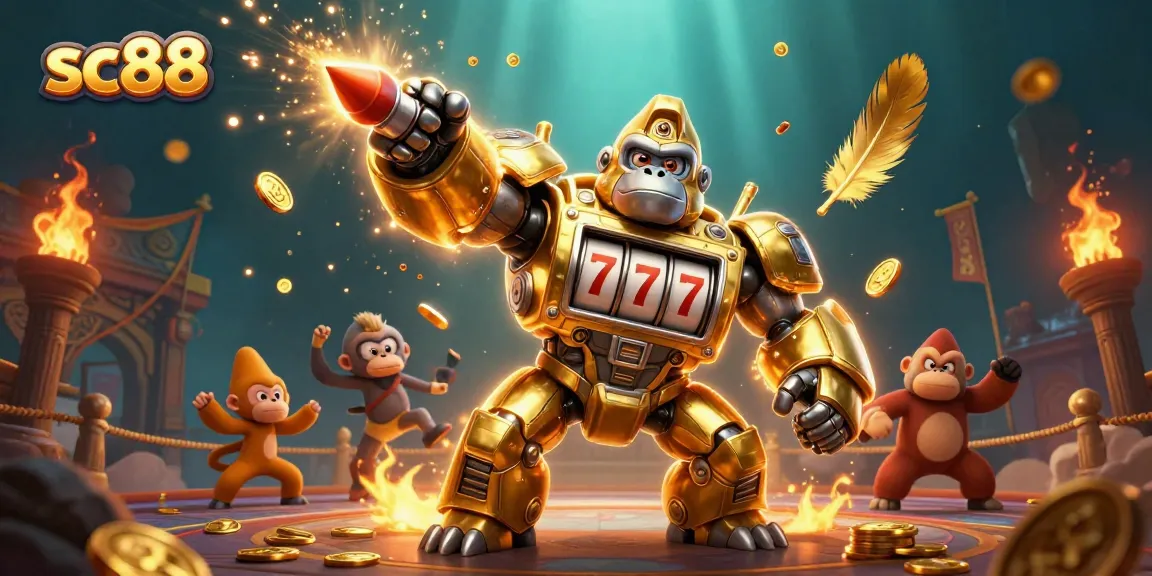 Experience thrilling casino action with sc88's golden gorilla mech surrounded by dynamic game elements.