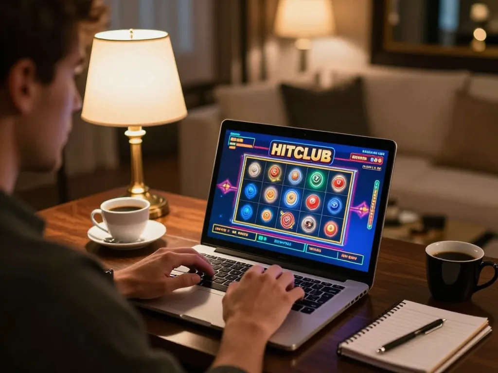 Player using HITCLUB online casino platform at home, showcasing gaming strategies and engaging gameplay
