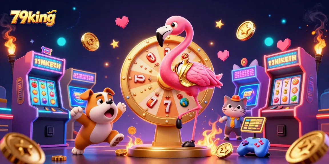 Exciting 79king casino slots scene featuring a flamingo host, bulldog contestant, and rewards revealed.