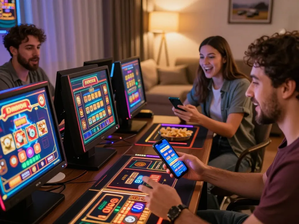 Engaging players enjoying slot games on the nohuvn mobile app in a vibrant, modern setting