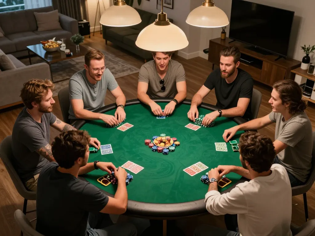 Players enjoying a lively poker game at home, with engaging strategies highlighted, Okfun's community spirit shining through.