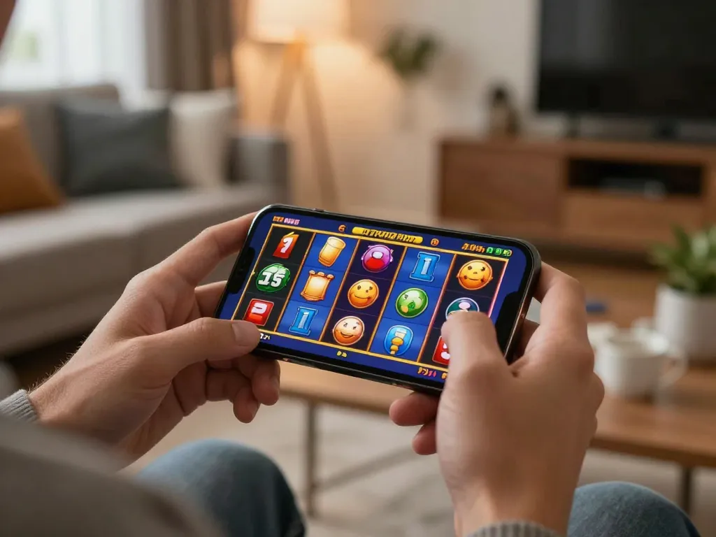 Player engaging in exciting slot gameplay on smartphone, highlighting DA88 in home gaming atmosphere