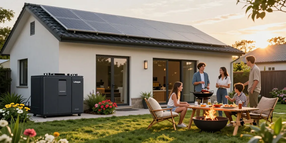 Family enjoying a garden barbeque with a batterie lifepo4 energy system and solar panels.