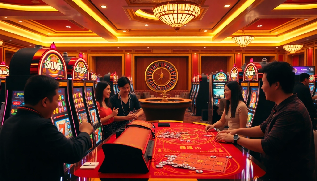 Nổ Hũ Đổi Thưởng game excitement at a luxury casino with colorful slot machines.